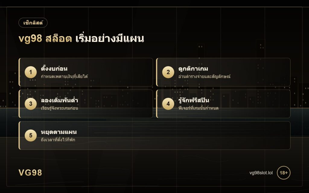 vg98 สล็อต เริ่มเล่นสำหรับมือใหม่ 7 ขั้นตอน ตั้งงบ ดูกติกาเกม ลองเดิมพันต่ำ รู้จักฟรีสปิน และหยุดตามแผน
